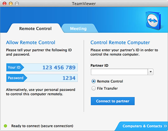 TeamViewer main window for Mac (click to enlarge)