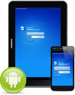 Perangkat mobile Samsung Tablet dan Galaxy S2 dengan aplikasi TeamViewer QickSupport dan ikon Android